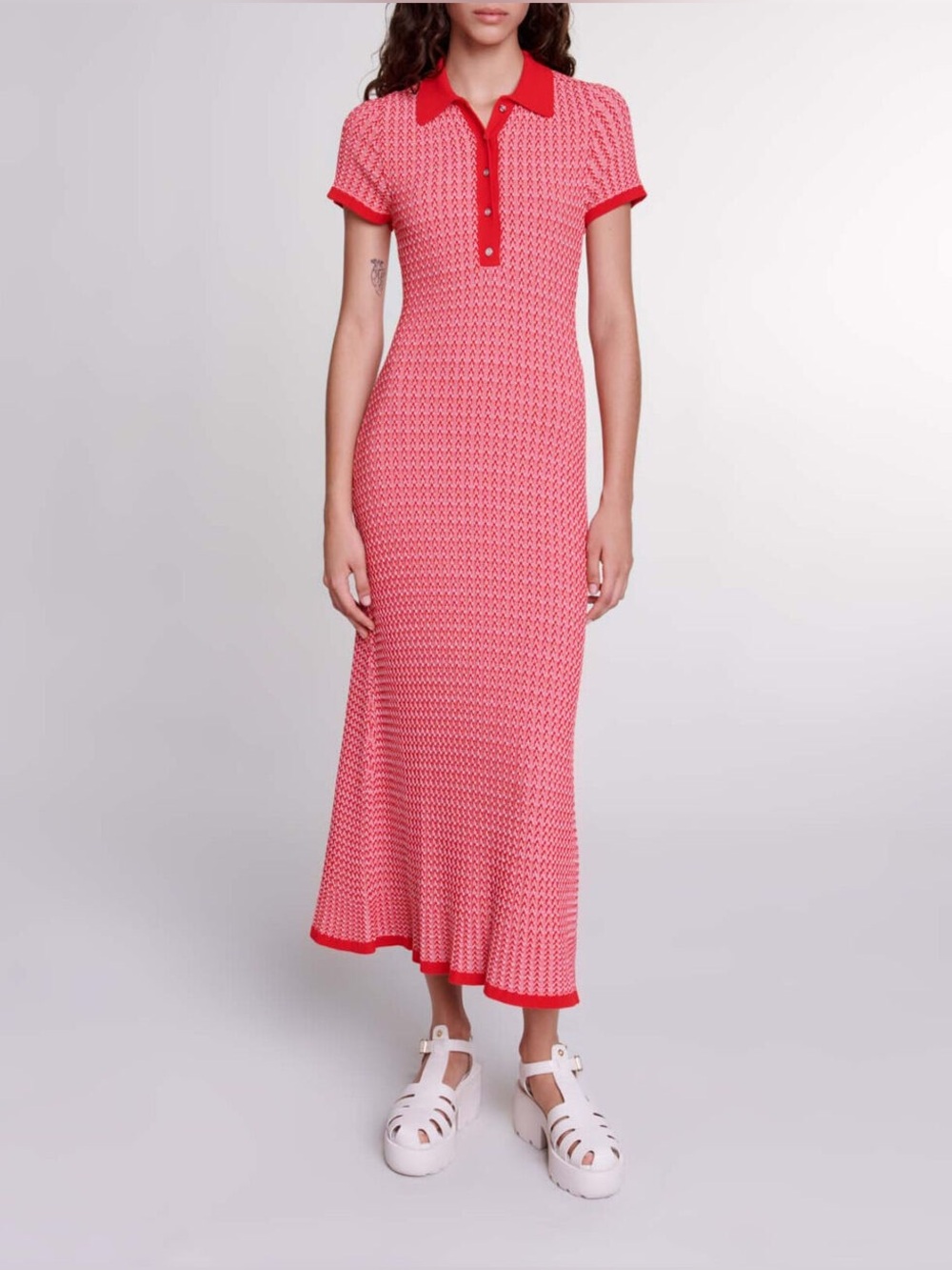 MAJE Herringbone Red White Knit Polo Maxi Dress Parisian Chic $445